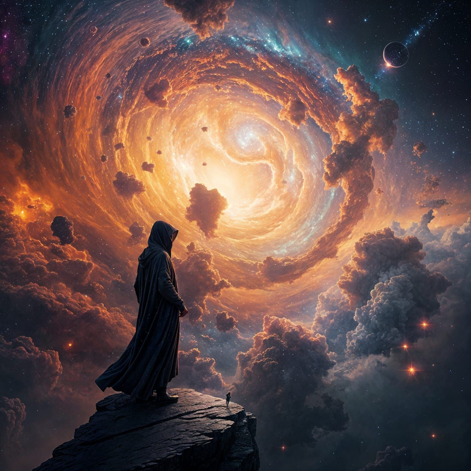 Cloaked Figure Gazing at Swirling Nebula in Space Art Style