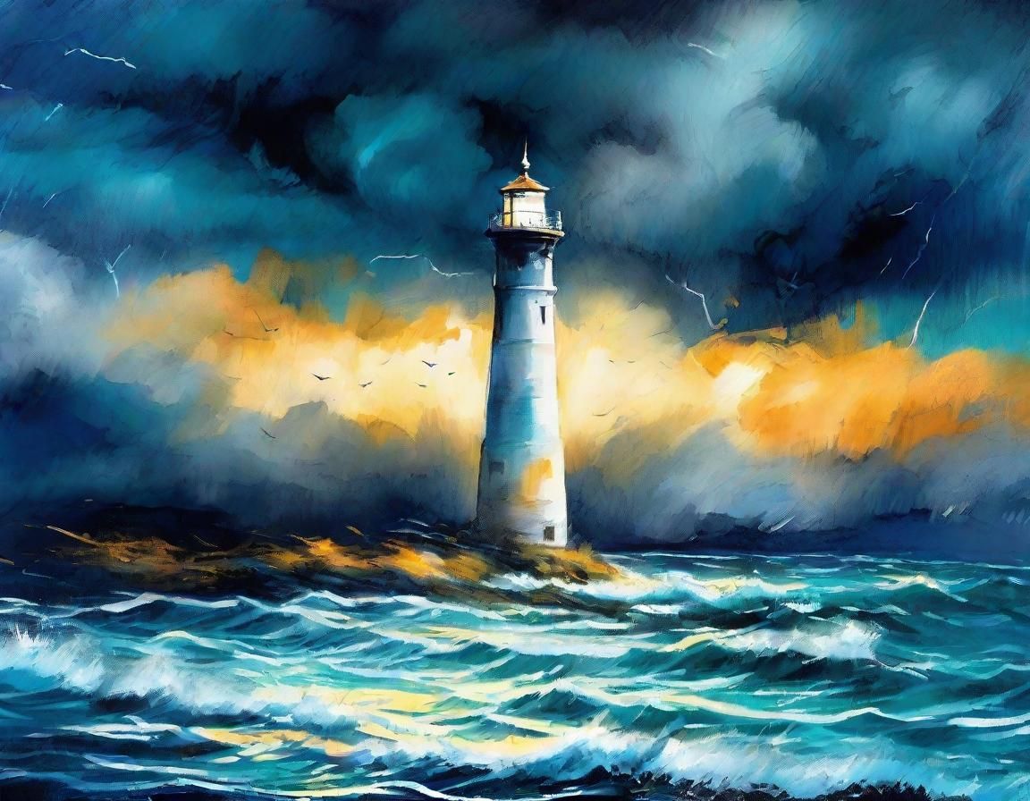 Lighthouse in Storm: Impressionist Gouache Ink Drawing