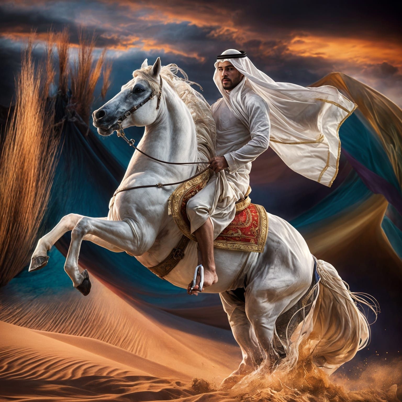 Arab Man and White Horse in Dramatic Desert