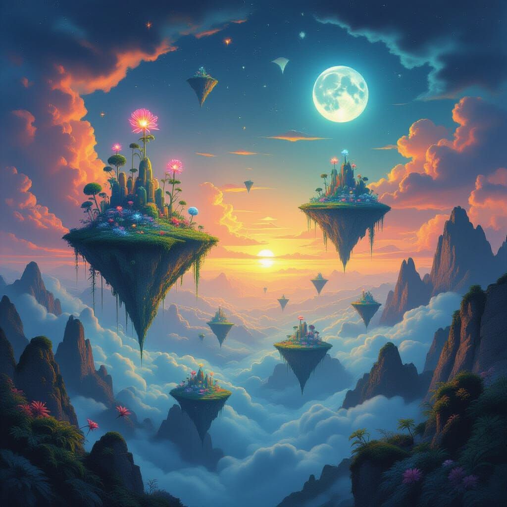 Surreal Floating Islands in Dreamlike Atmosphere