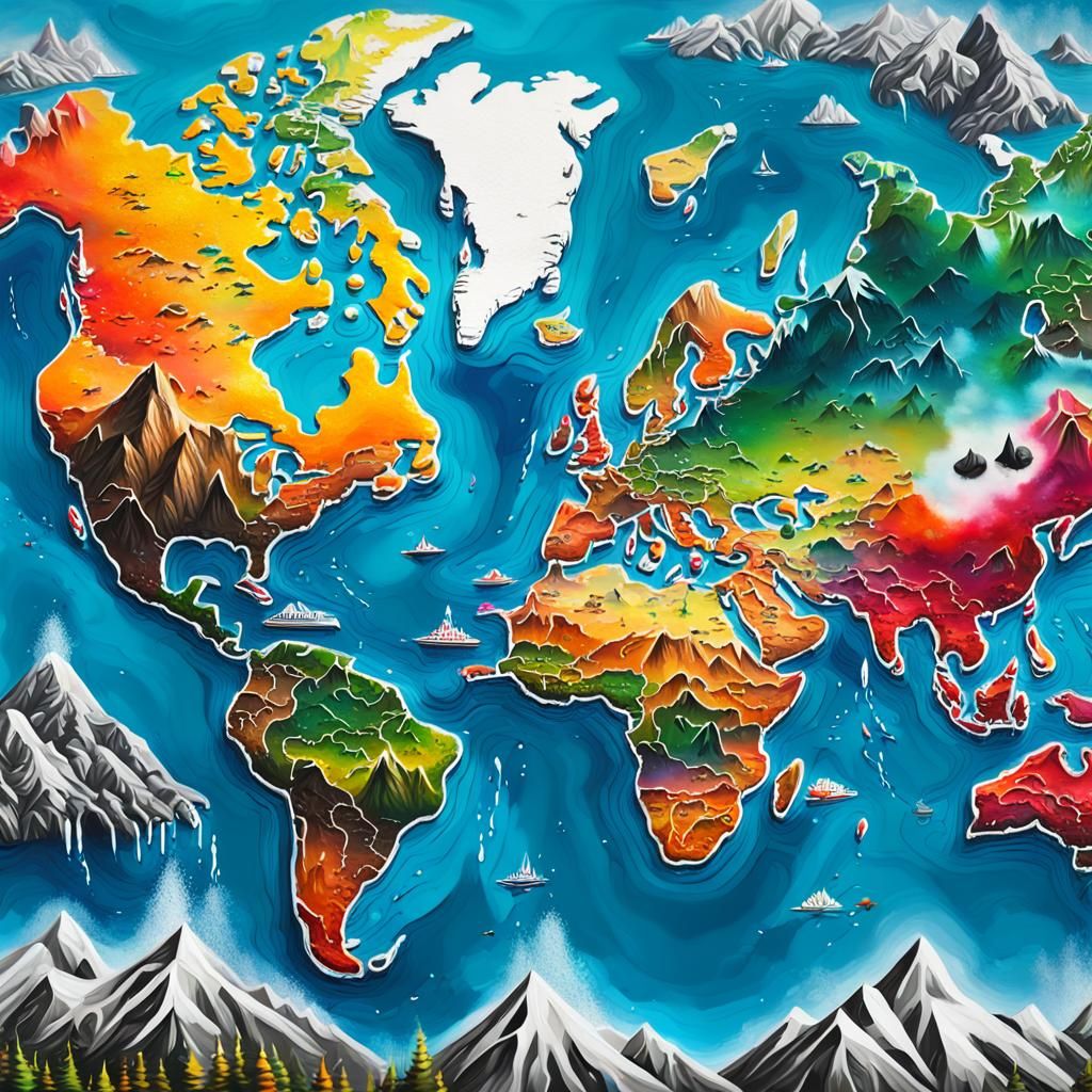 A highly detailed, hyper realistic, map of several continents. Mountains, rivers, forests and ocean. With a compass in ...