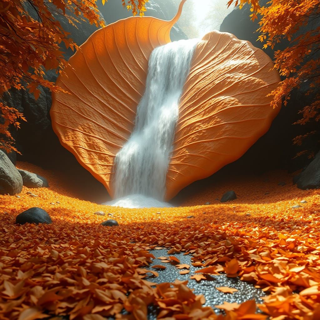 Futuristic Autumn Waterfall from Giant Leaf