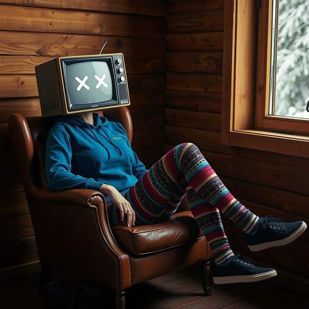 Woman with TV Head Sleeping in Snowy Cabin