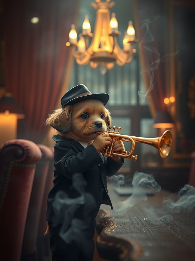 Puppy Jazz Musician in Smoky Club, Digital Matte Painting