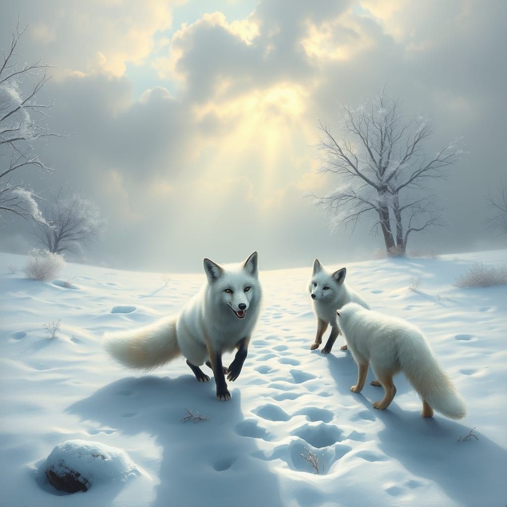 White Fox Plays in Winter Landscape, Tonalist Style