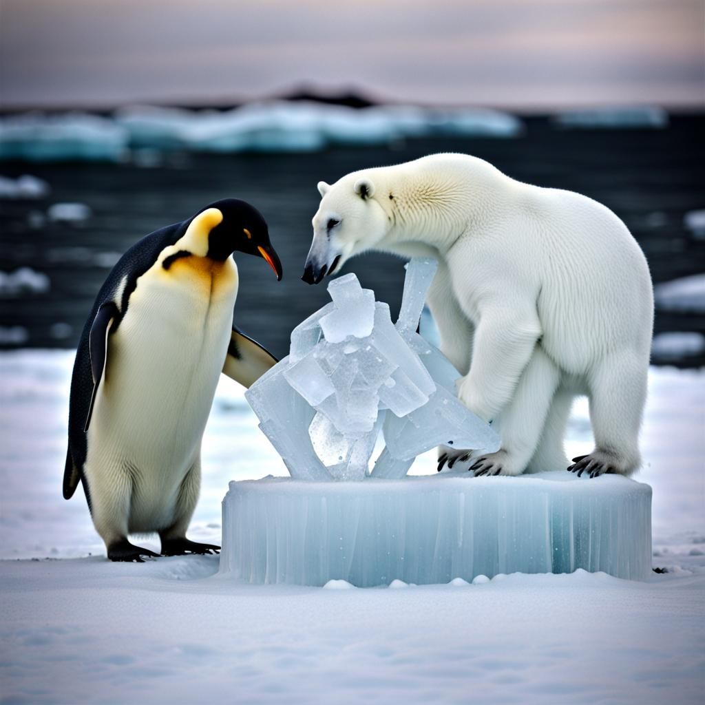Penguin and Polar Bear Ice Sculpture