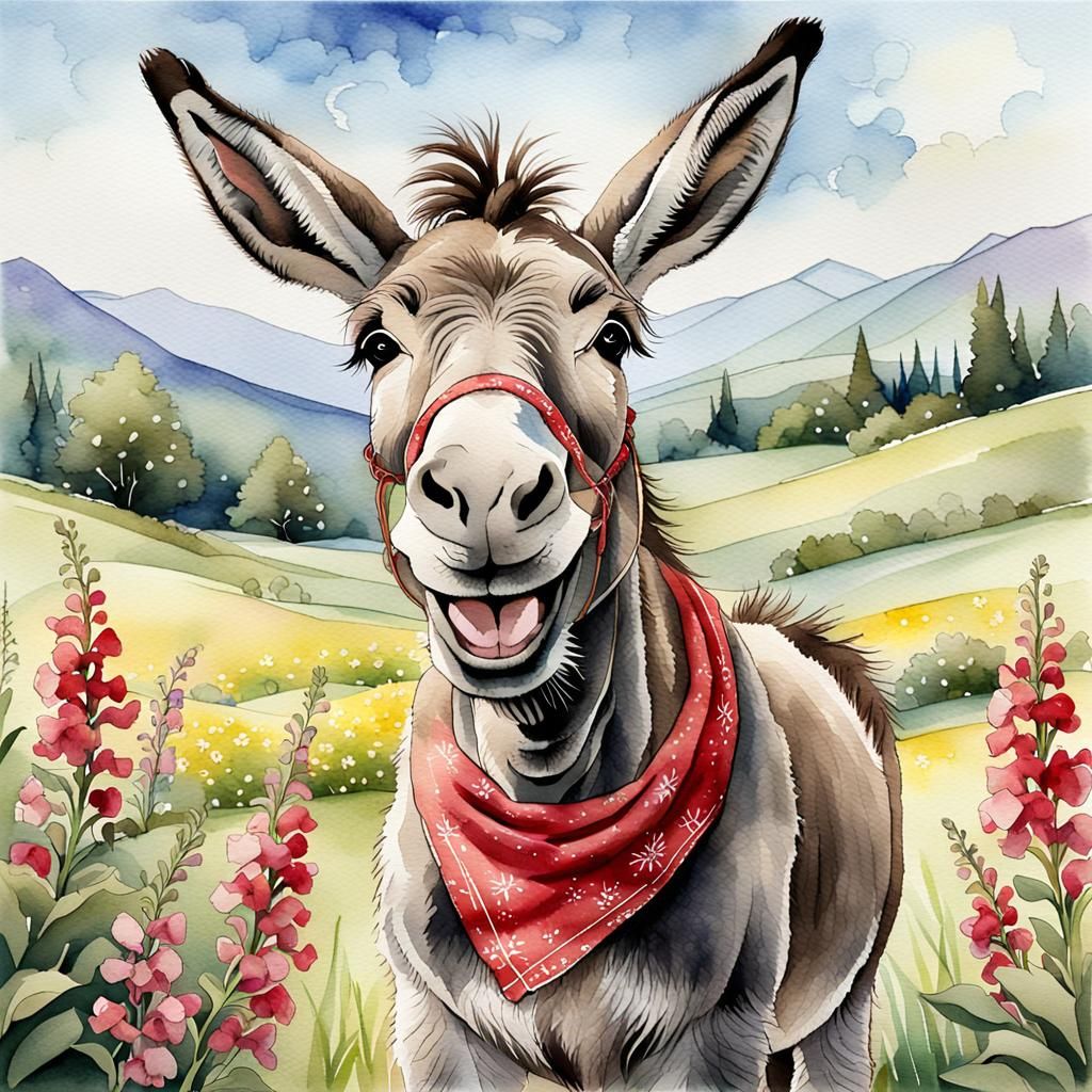 Whimsical Donkey in Watercolor Snapdragons
