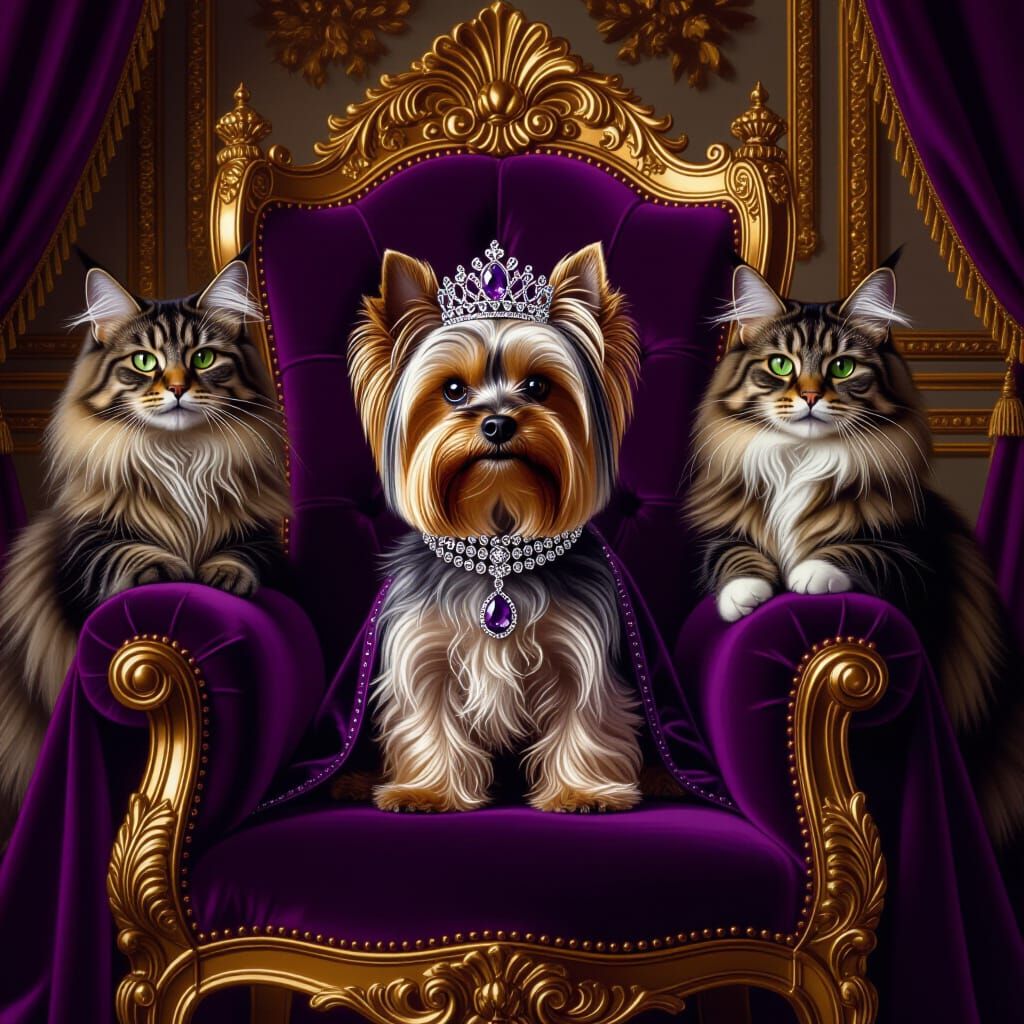 Regal Yorkshire Terrier on Throne Guarded by Maine Coons