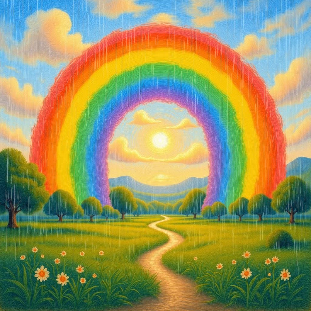 Impressionistic Rainbow Over Summer Rain