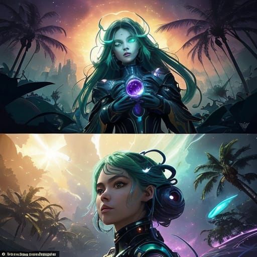 Mesmerizing Abstract Portrait with Surreal Beach, Cosmic Neb...