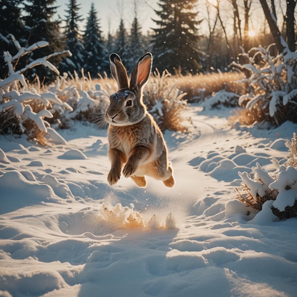 Snow Rabbit Leaping in Evening Light