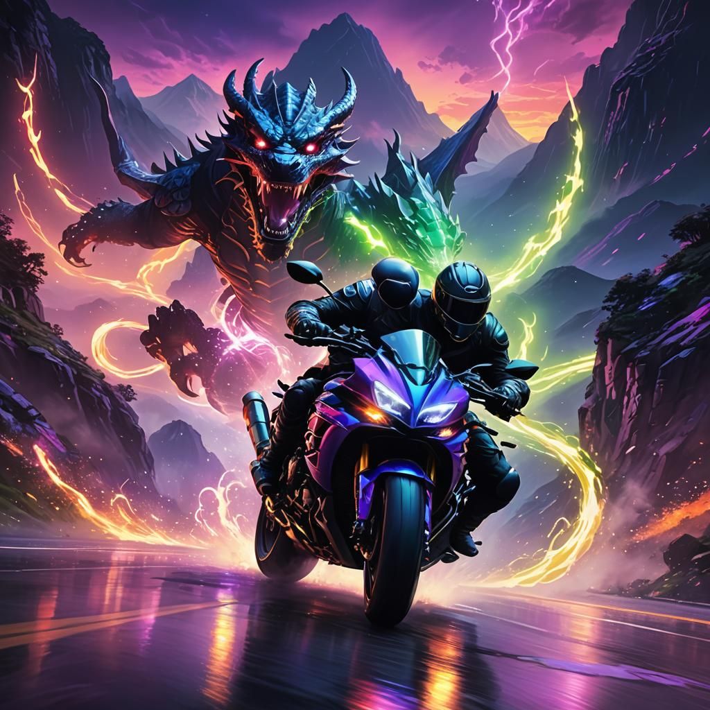 Dragon Warrior on Motorcycle in Neon Mountain Pass