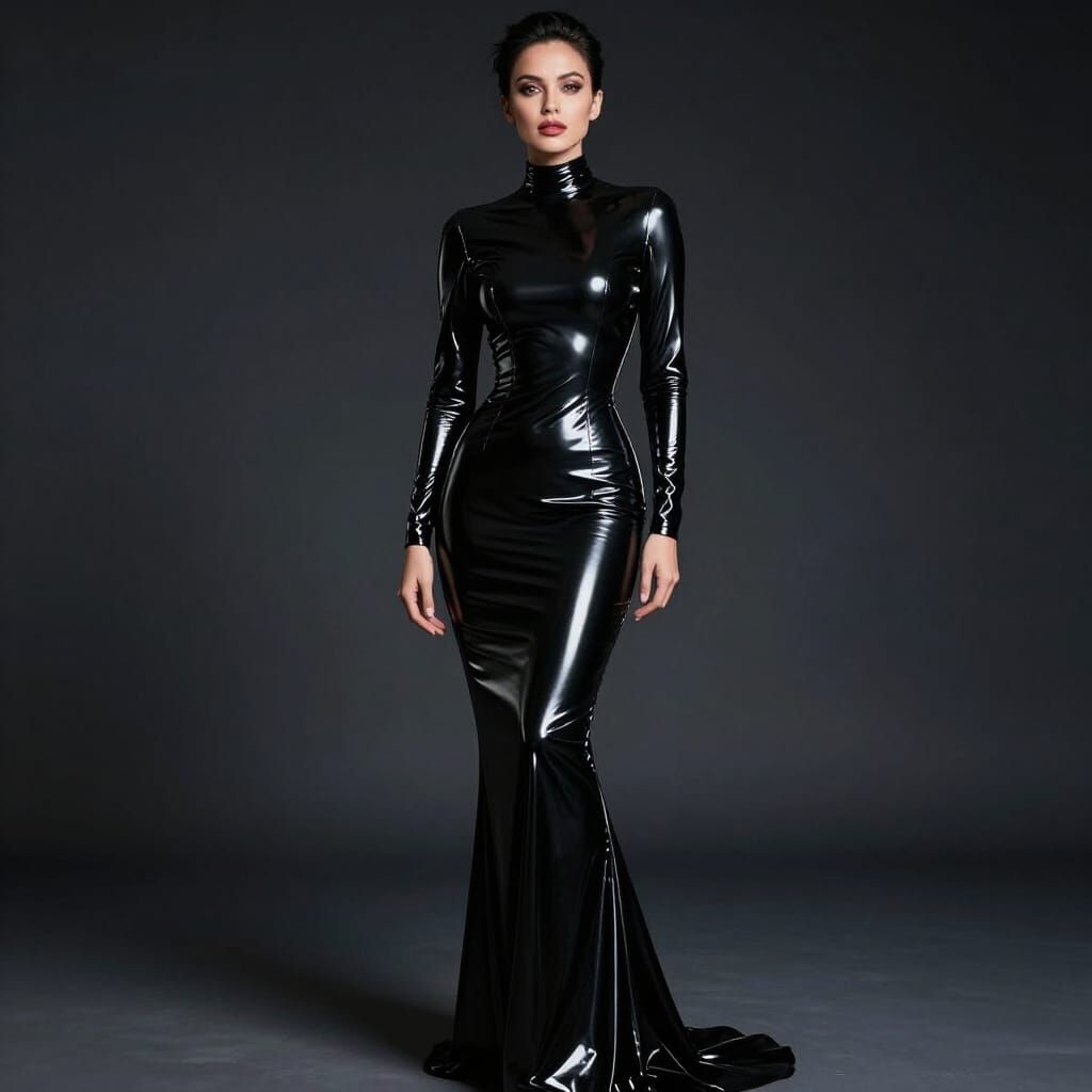 Woman in Shimmering Black Latex Gown