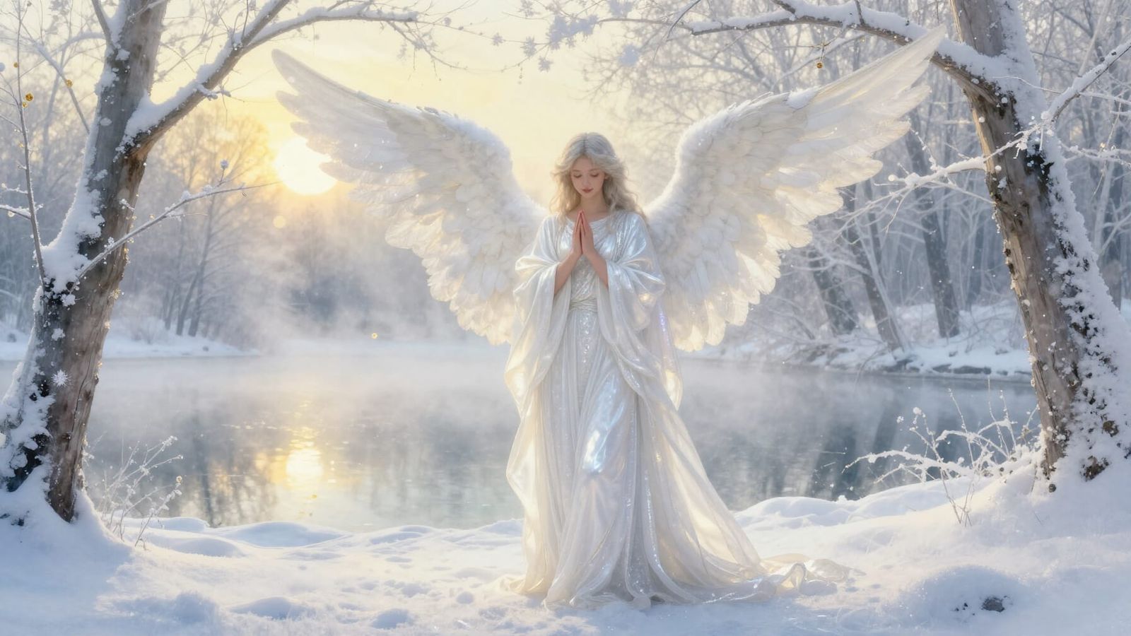 Serene Winter Angel in Hazy Watercolor Wonderland