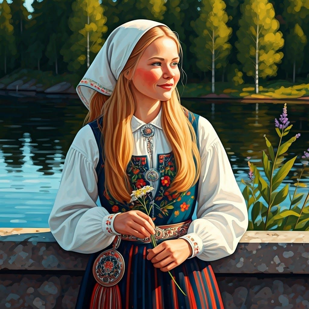 Naive Folk Art Portrait of Swedish Woman in Traditional Dres...