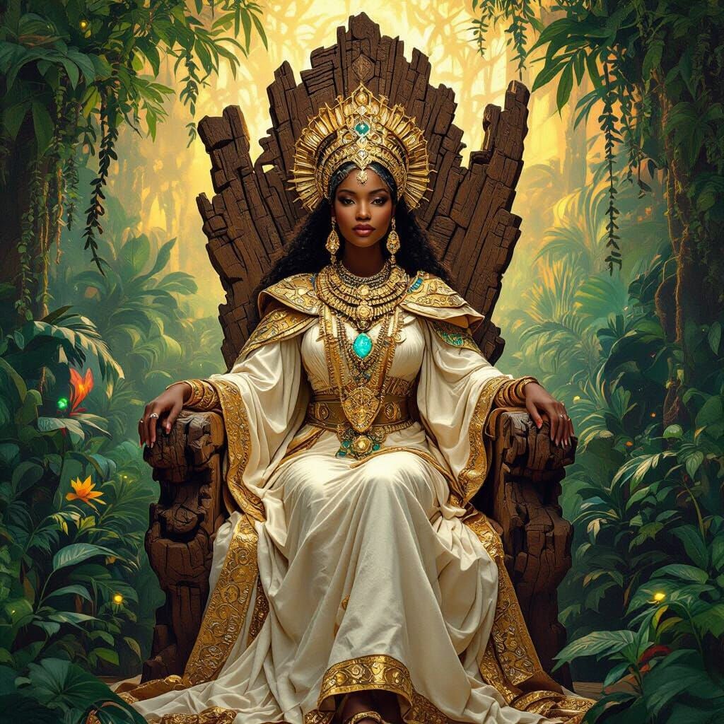 African Queen in Bioluminescent Jungle, Art Nouveau Style