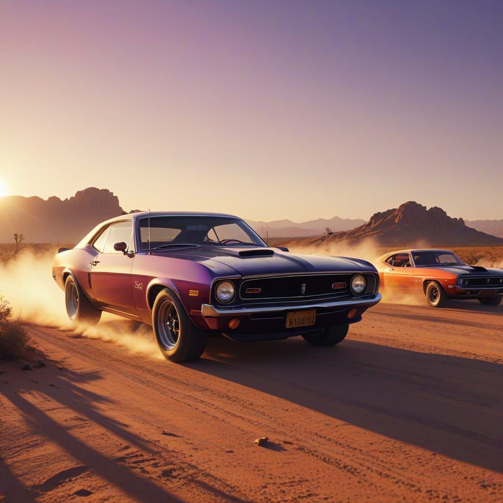 Classic Muscle Cars Race at Sunset