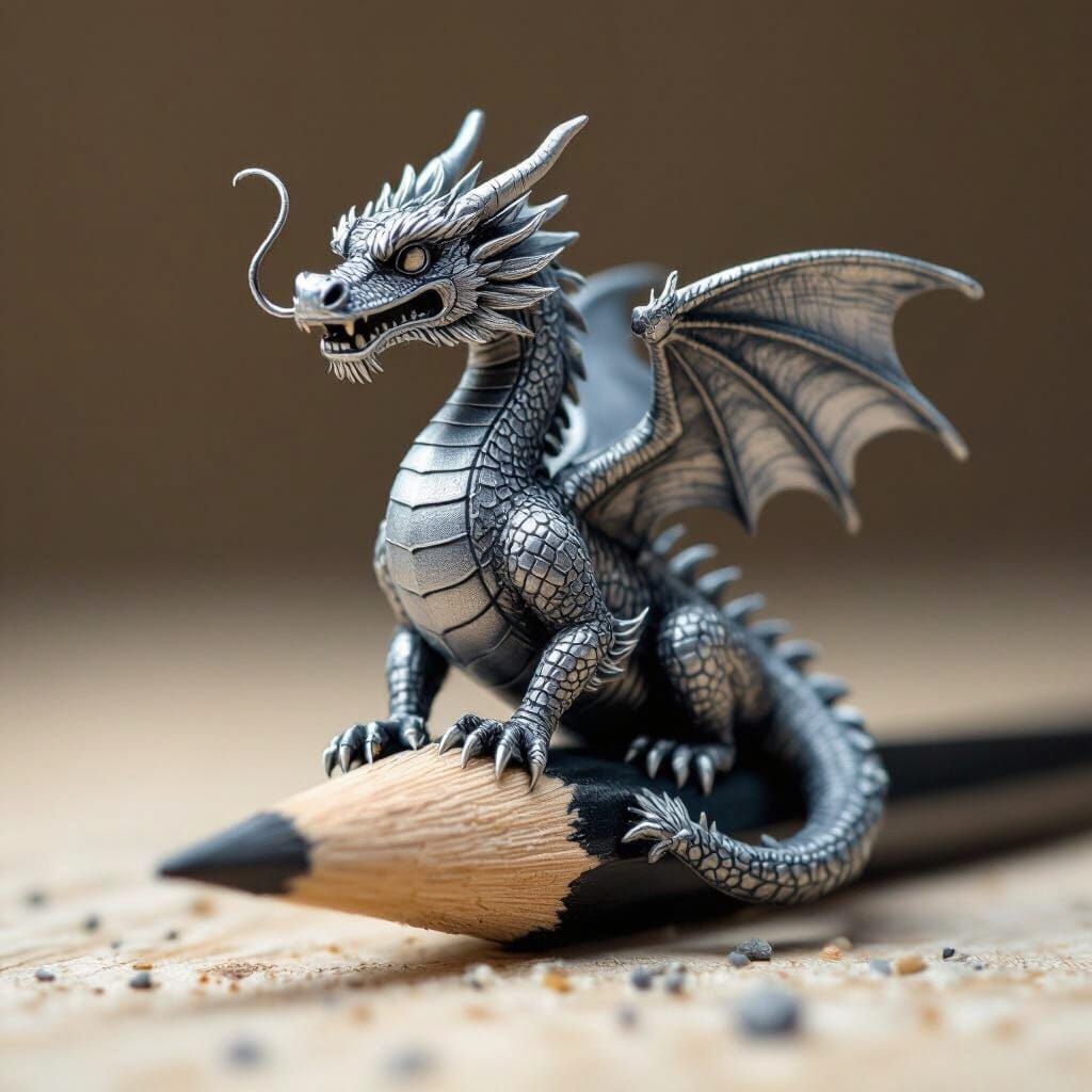 Photorealistic Macro Shot of Dragon Carved from Pencil Graph...