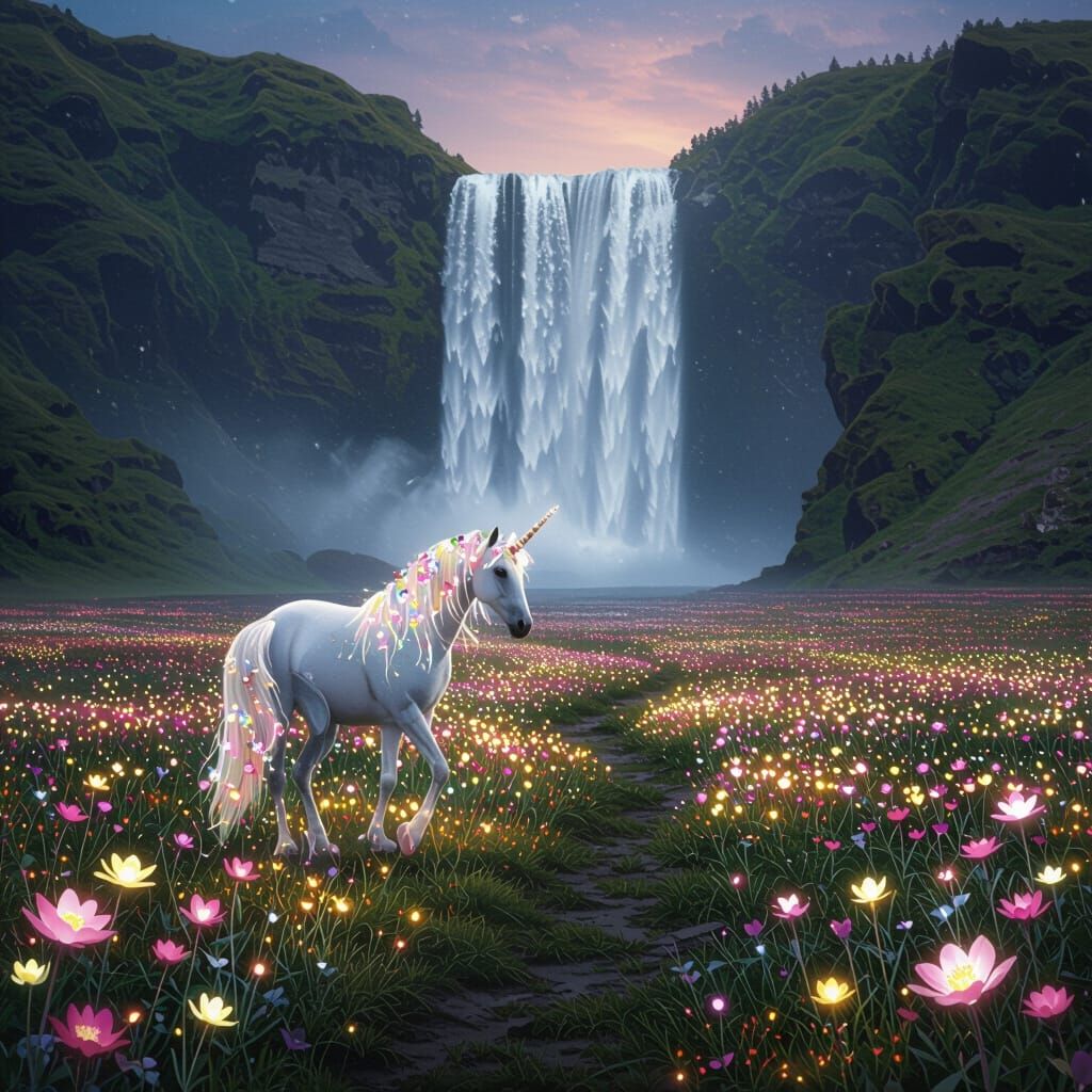 Unicorn Walks Through Glowing Flowers to Crystal Waterfall