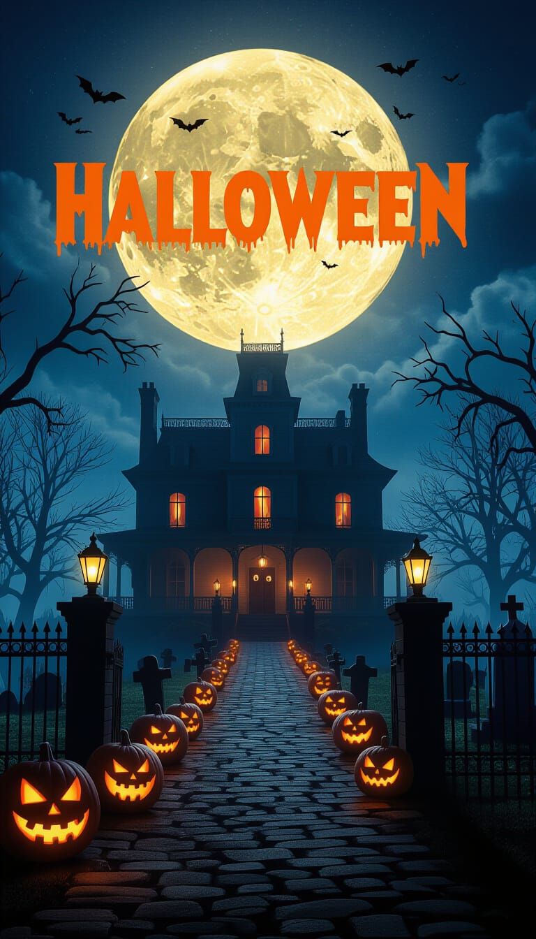 Halloween Movie Poster: Haunted Mansion Under Full Moon