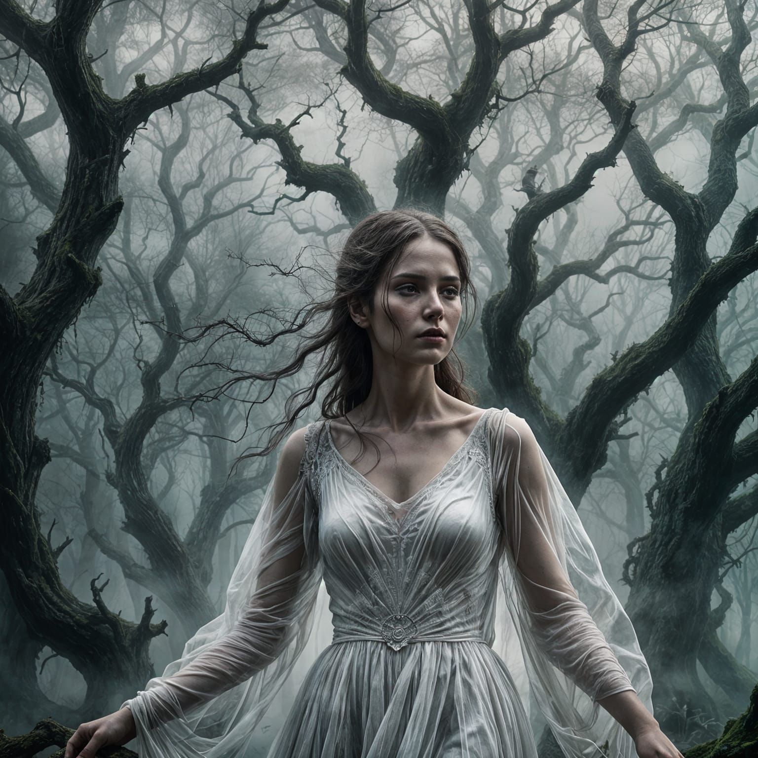 Ethereal Woman in Dark Fantasy Gothic Landscape