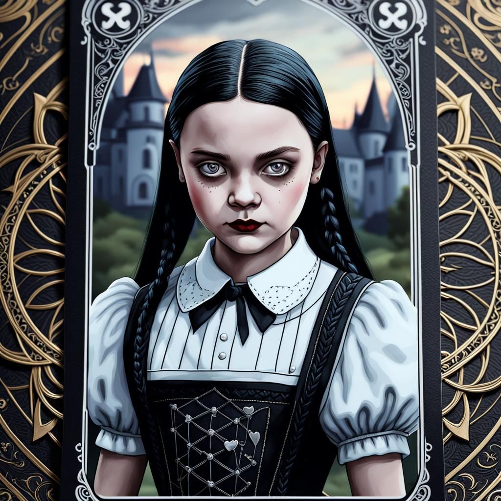 Wednesday Addams Tarot Card with Hearts Pattern