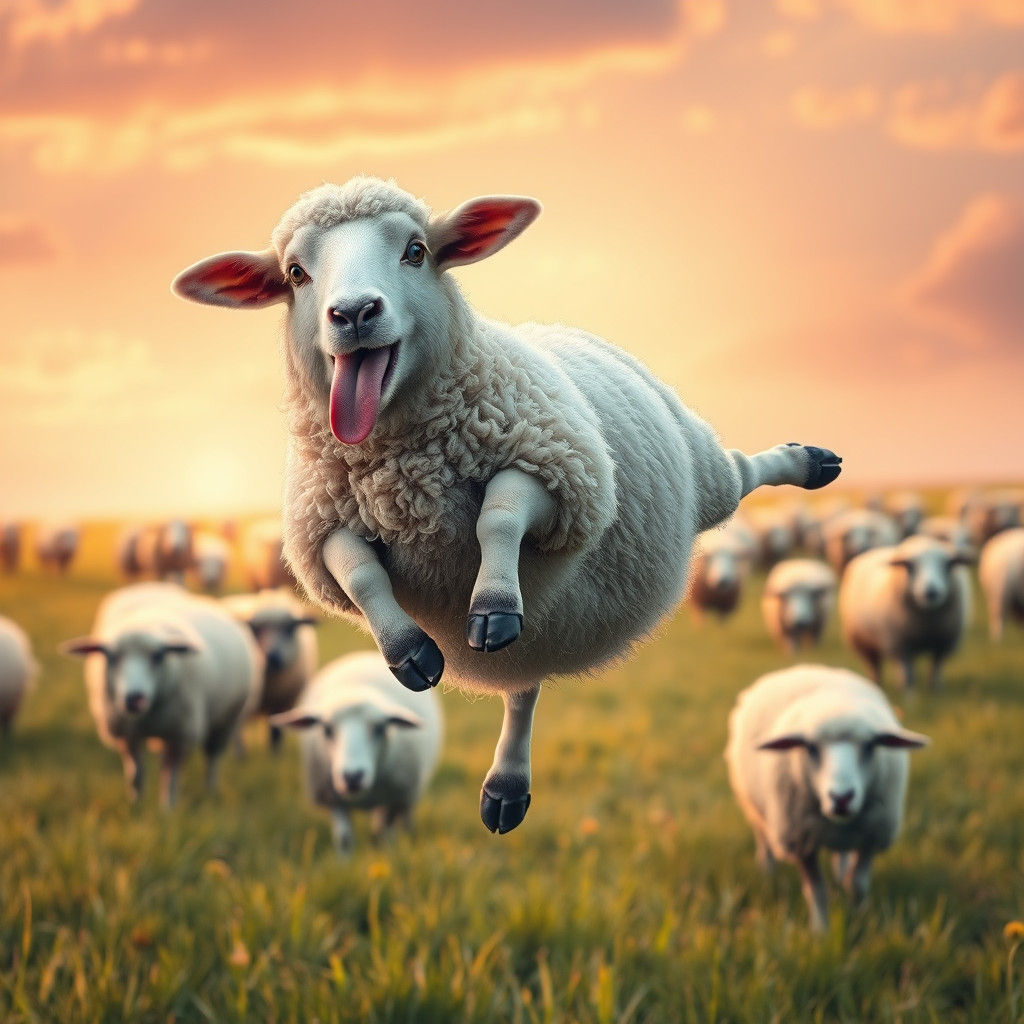 Hyper-Realistic Sheep Leaping in Sun-Kissed Meadow