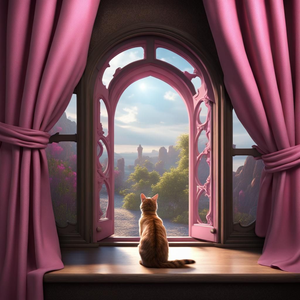 Tabby Cat Gazing from Arched Window