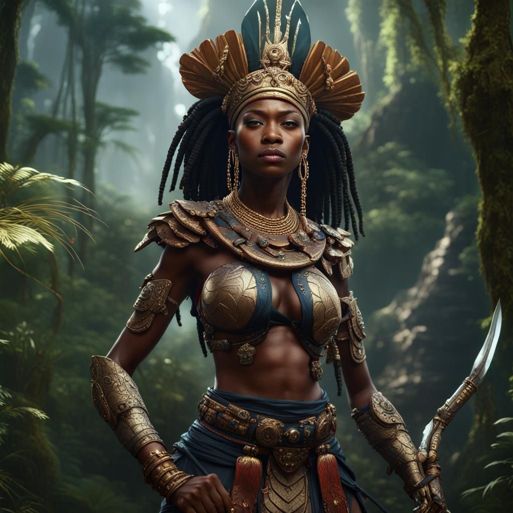 Nigerian Warrior Queen in Japanese Jungle, Fantasy Art
