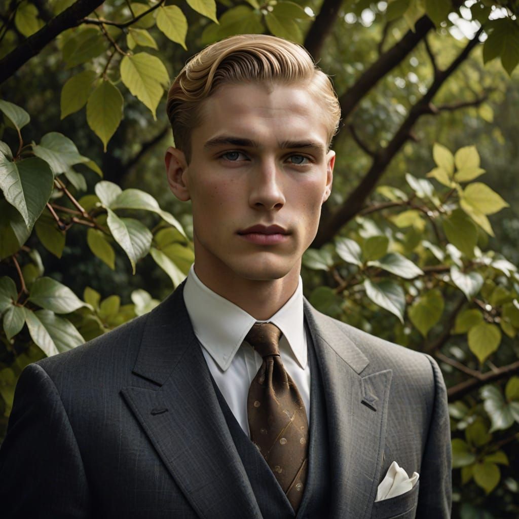 Handsome Young Man in Elegant 1930s Suit, Set Against Nature...