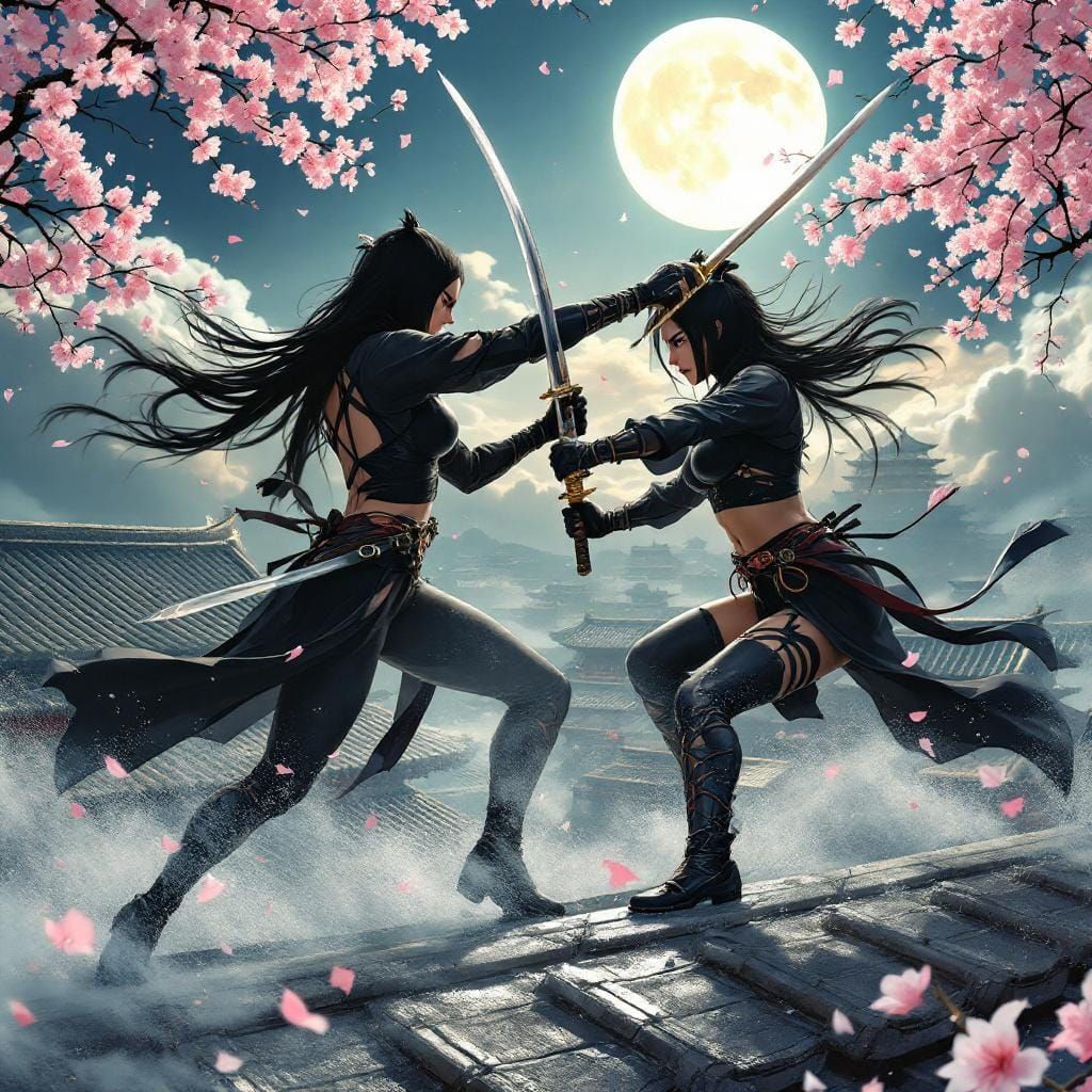 The image is of two female ninja fighting each other with Ja...