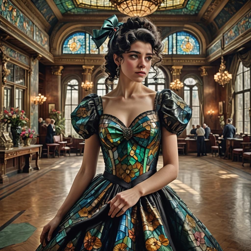 Woman in Tiffany Glass Dress in Ballroom