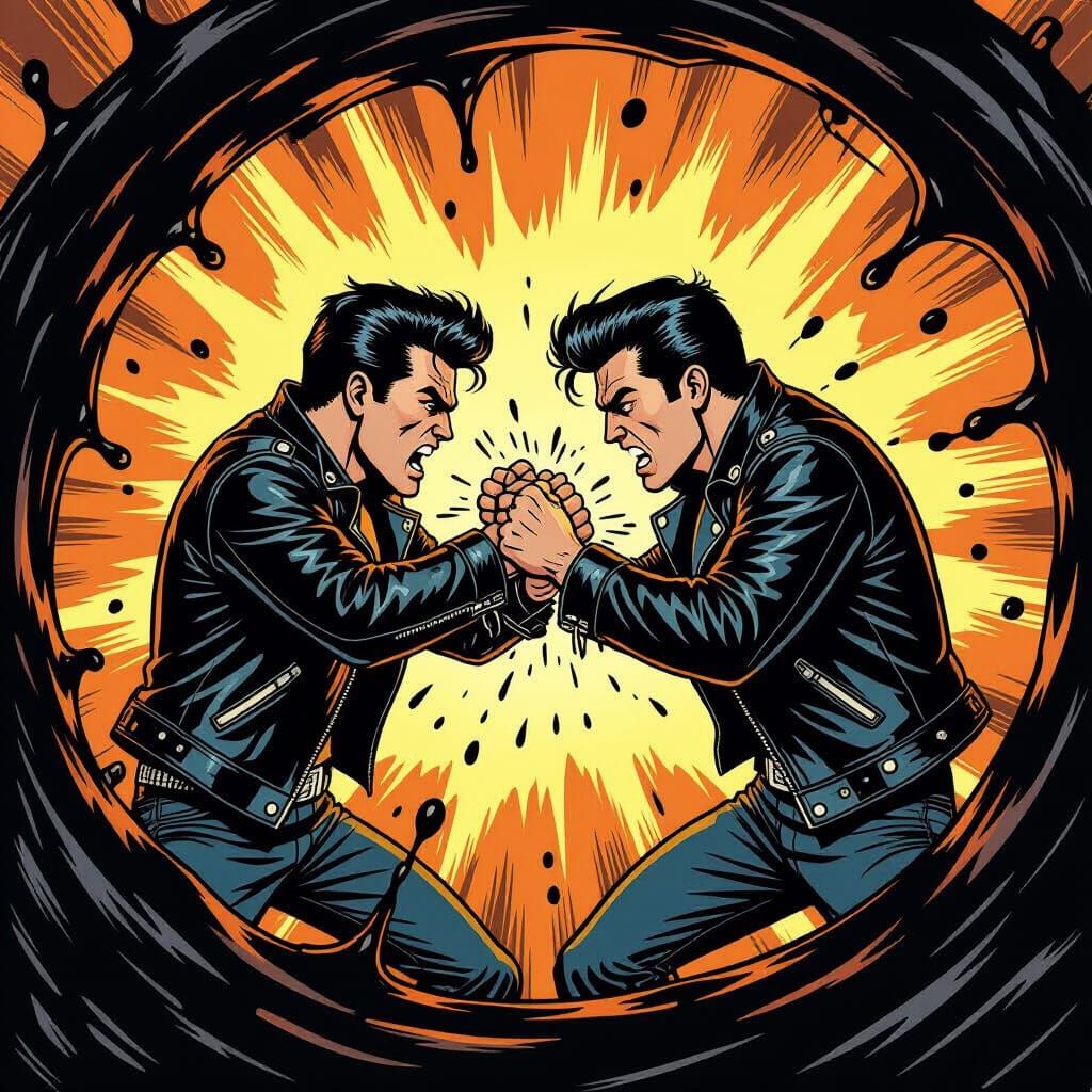 1950s Greasers Fighting in Black Oil, Comic Art Style