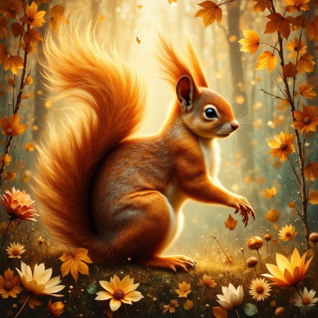 Squirrel Amidst Autumn Flora in Airbrush Style