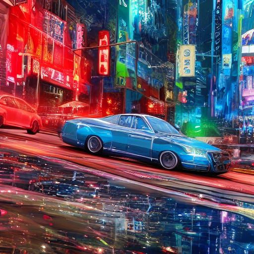 Sequin Car in Neon Cityscape: 3D Anime Style