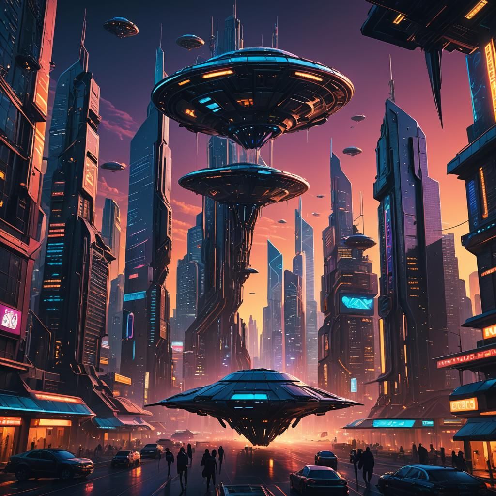 Alien Landscape with Spaceships in Neo-Noir Style