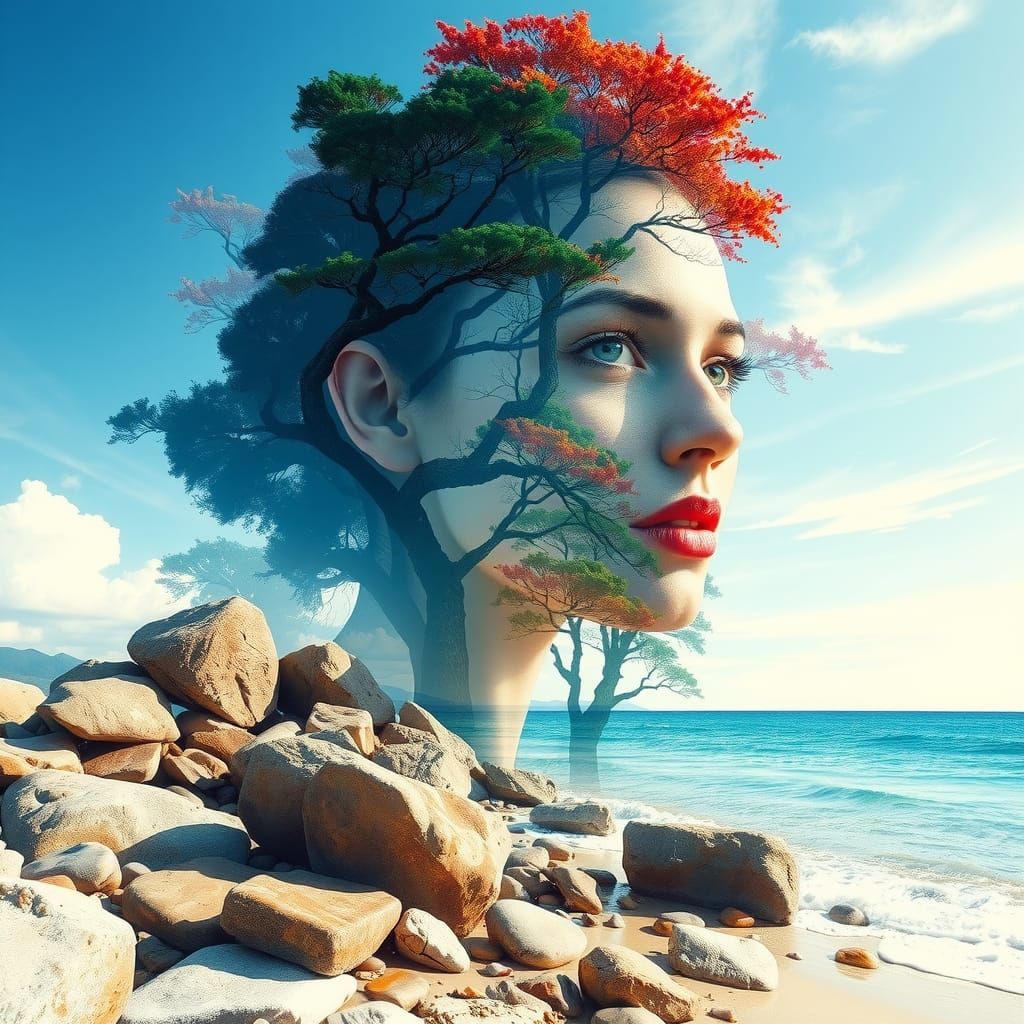 Double Exposure Seaside Landscape in Watercolor Style