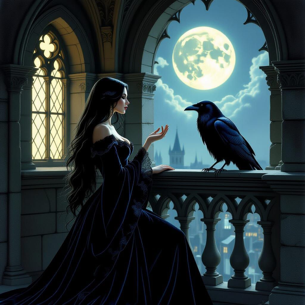 Ethereal Witch and Raven in Gothic Tower, Renaissance Fresco...