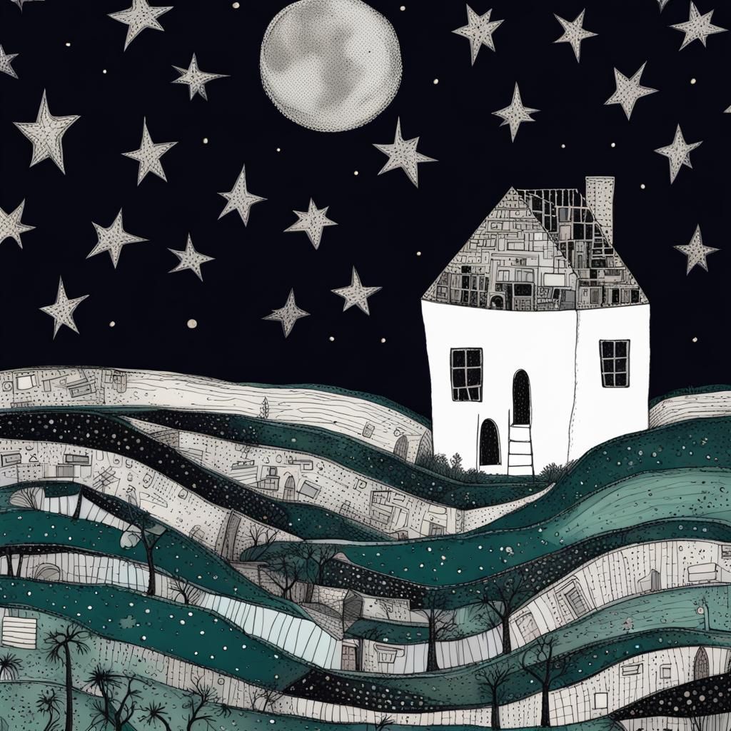 Midnight House on the Moon in Art Brut Style