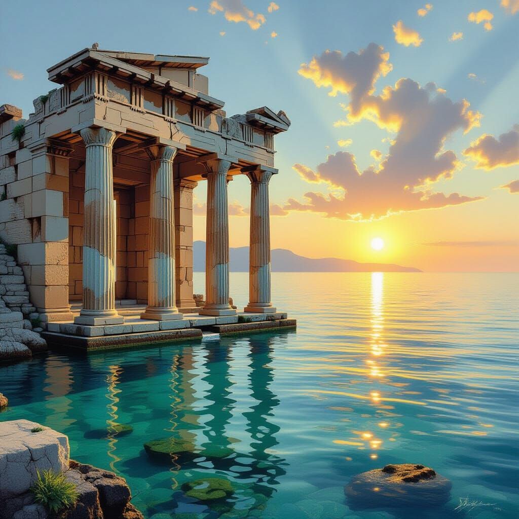 Sunken Greek Temple in Golden Sunset Light