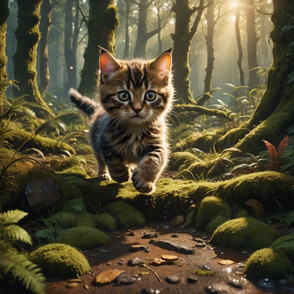 Kitten Runaway in Mystical Forest: Fantasy Art