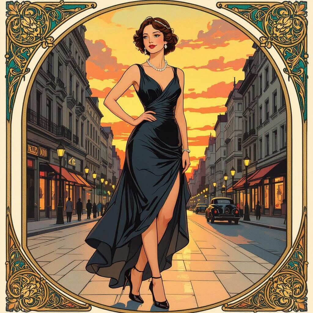 Elegant Woman in City Street, Art Nouveau Style