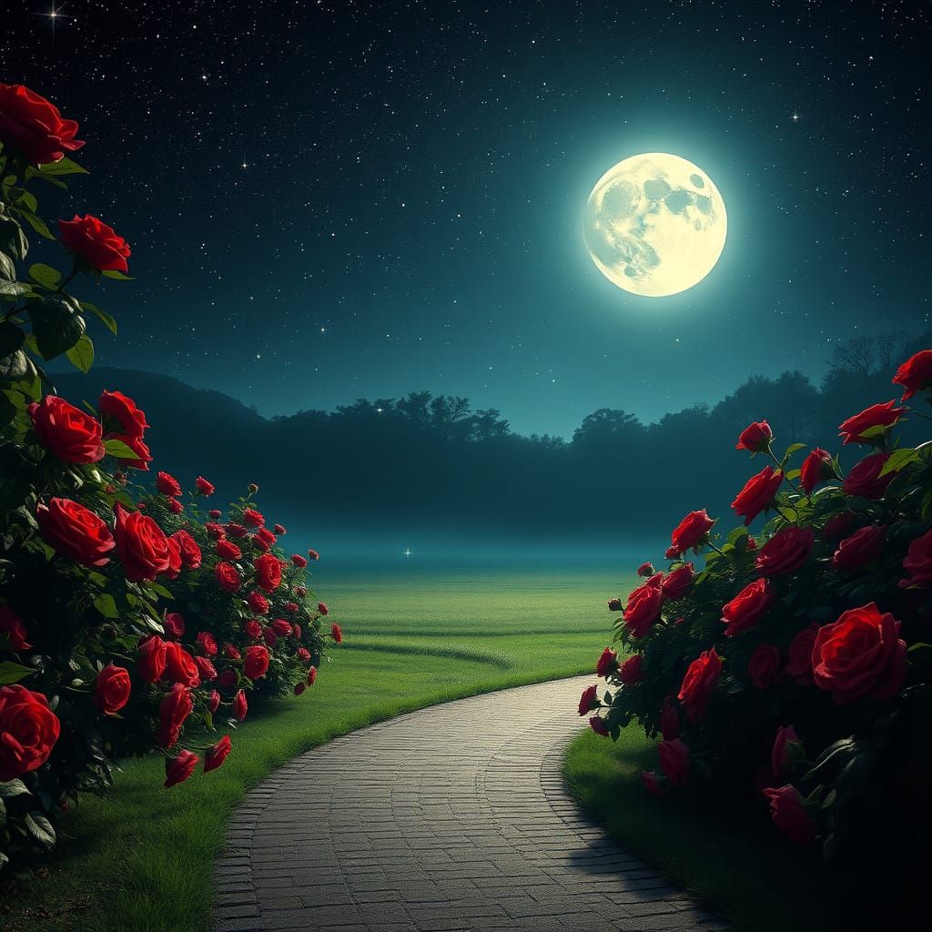 Moonlit Garden Sanctuary with Crimson Rose Bushes