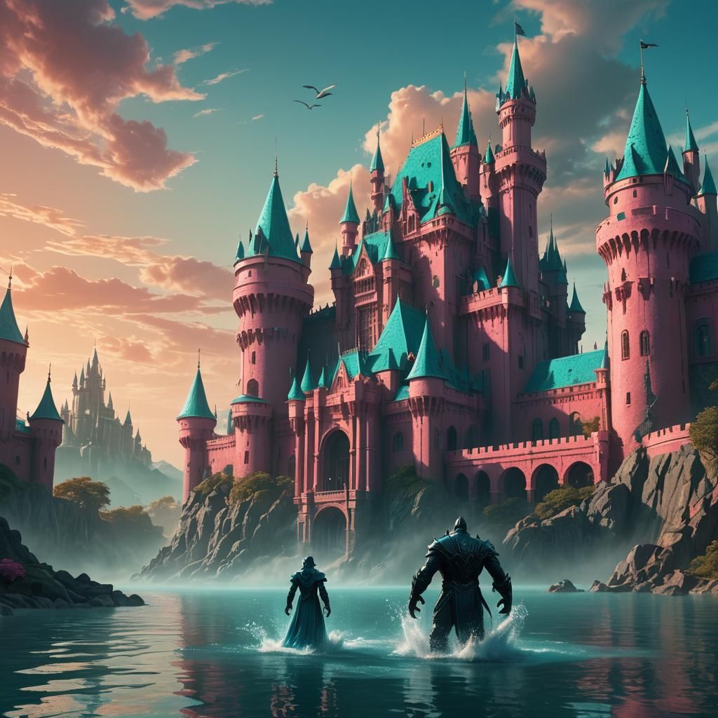 Fantasy Monster Emerges from Water near Teal Castle