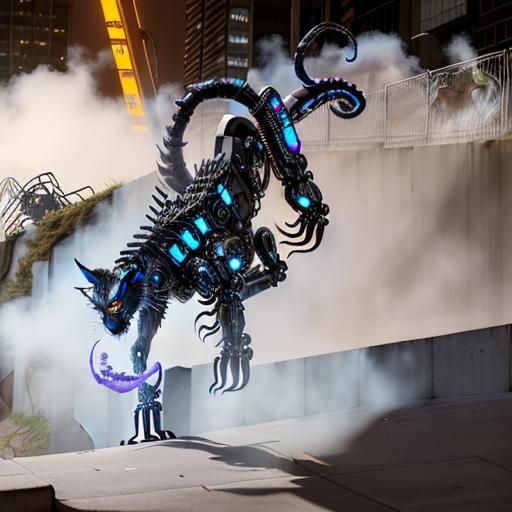 Cyberpunk Displacer Beast in Dystopian Cityscape