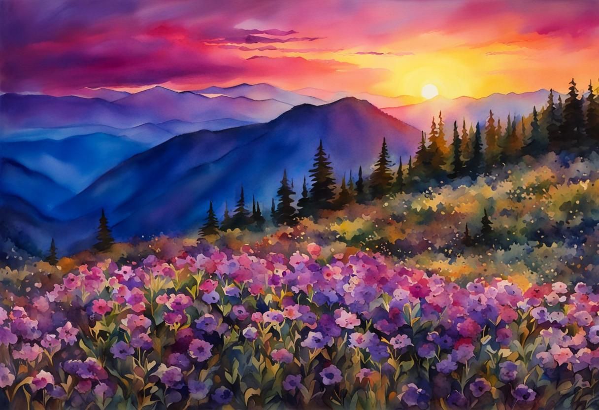 Watercolor Sunrise Over Floral Mountain Landscape