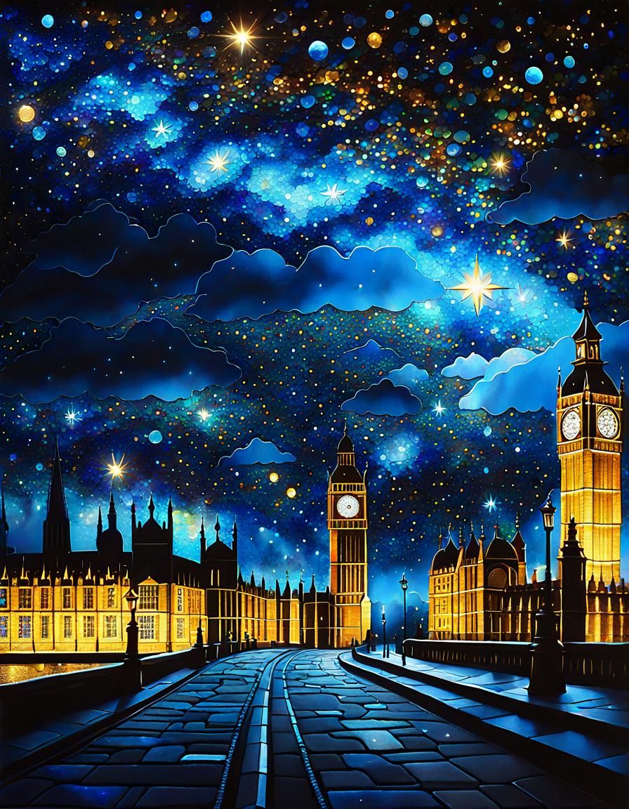 Milky Way Over Misty London: Stained Glass Mosaic