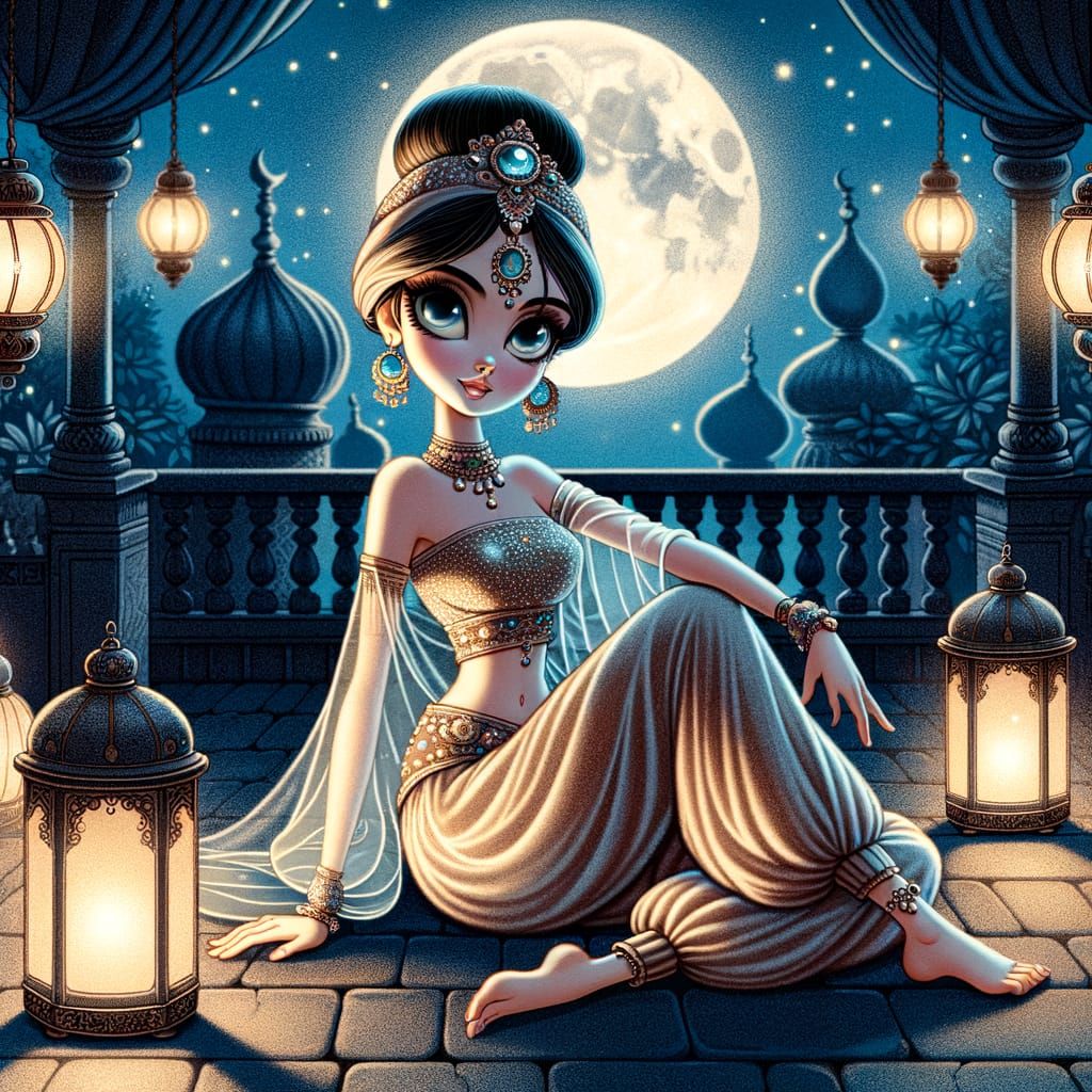 Moonlit Turkish Concubine in Classical Animation Style