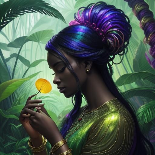 Woman Holding Iridescent Paynite Jewel in Magical Realism