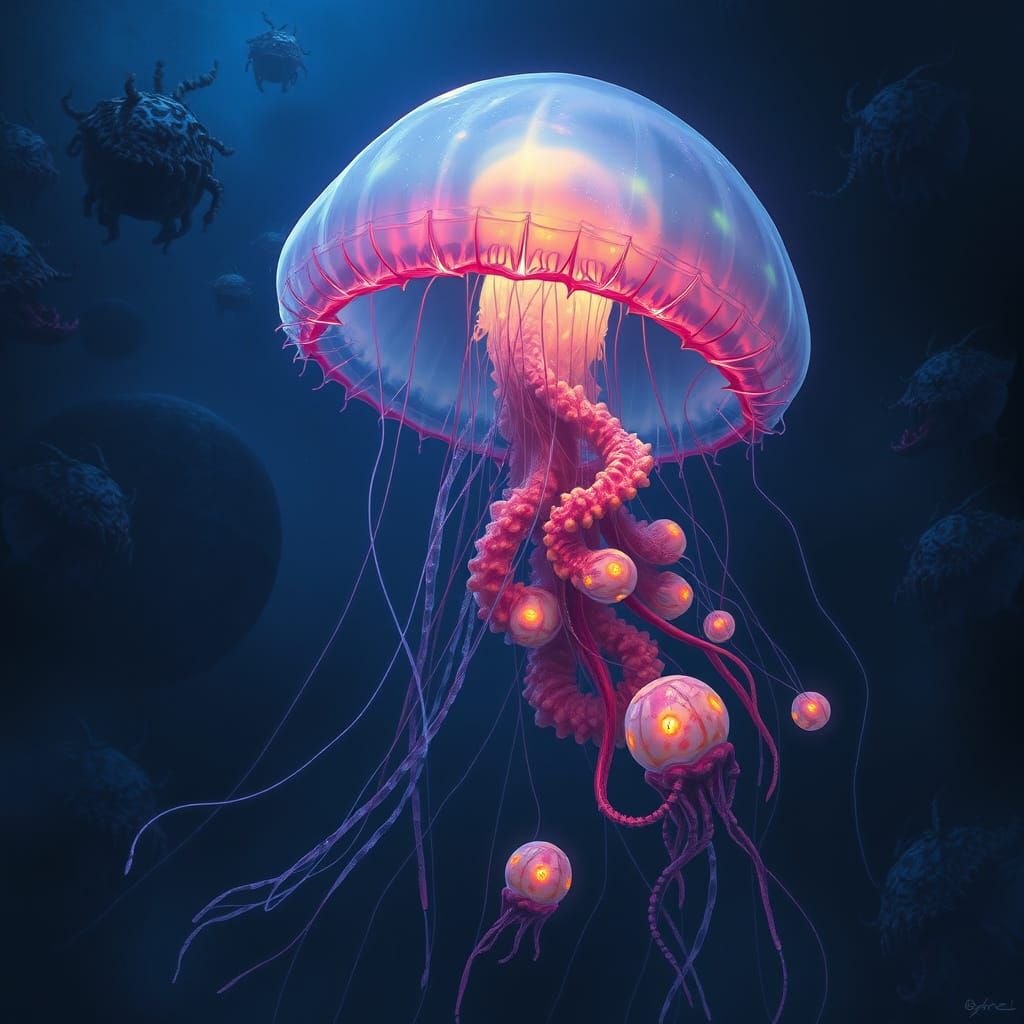 Bioluminescent Jellyfish in Alien Ocean: Digital Painting